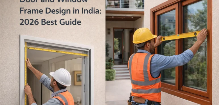 Modern door and window frame design in India with steel and wooden frames installed