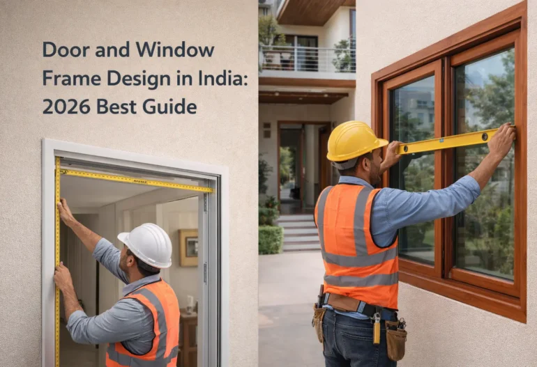 Modern door and window frame design in India with steel and wooden frames installed
