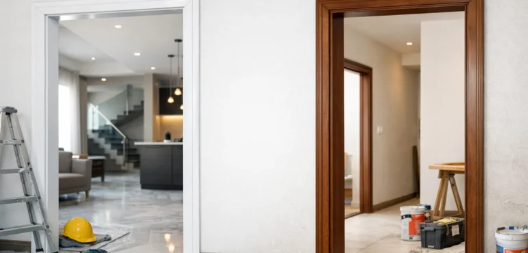 PPGI door frames vs wooden door frames comparison in modern home by Manvik Door Frames
